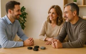 Audiologue indépendant conseille un couple, boîtiers d’appareils auditifs discrets, choix sur mesure et serein.