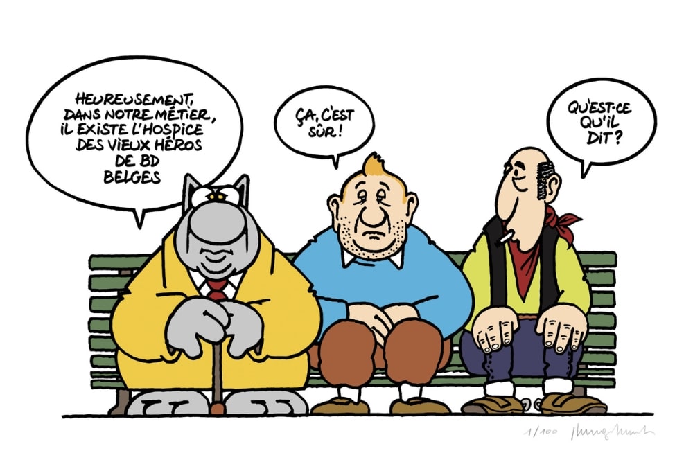 Le Chat sur un banc avec deux héros de BD belges ; bulle « Qu’est-ce qu’il dit ? » — clin d’œil à l’audition.