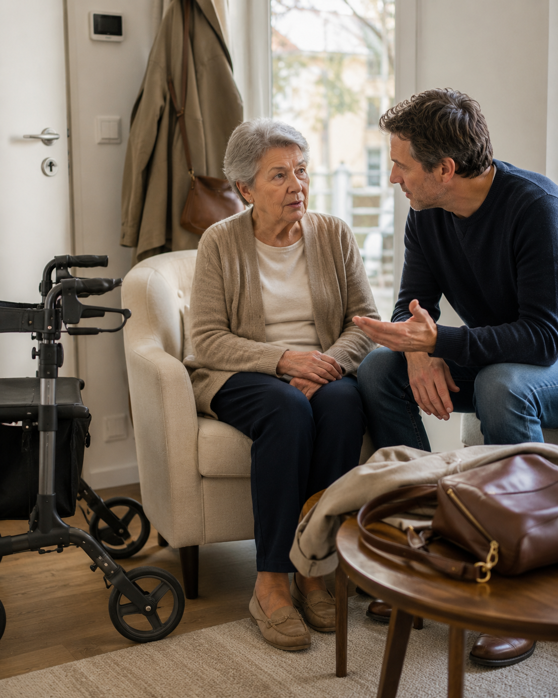 Personne âgée assise près de l’entrée de son domicile, discutant avec son fils, avec un déambulateur discret et des affaires prêtes pour un déplacement.