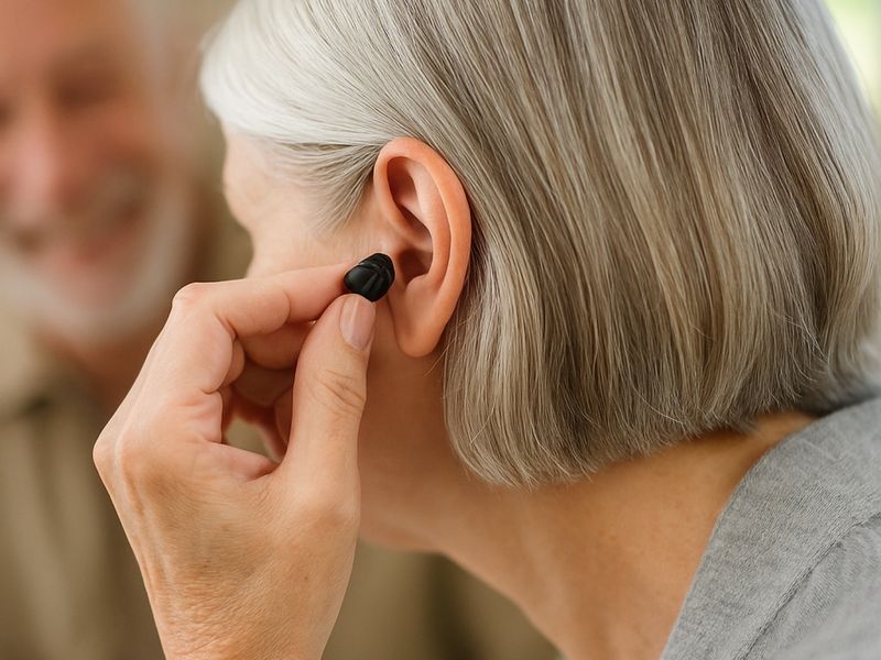 Pose d&rsquo;un appareil auditif derri&egrave;re l&rsquo;oreille.
